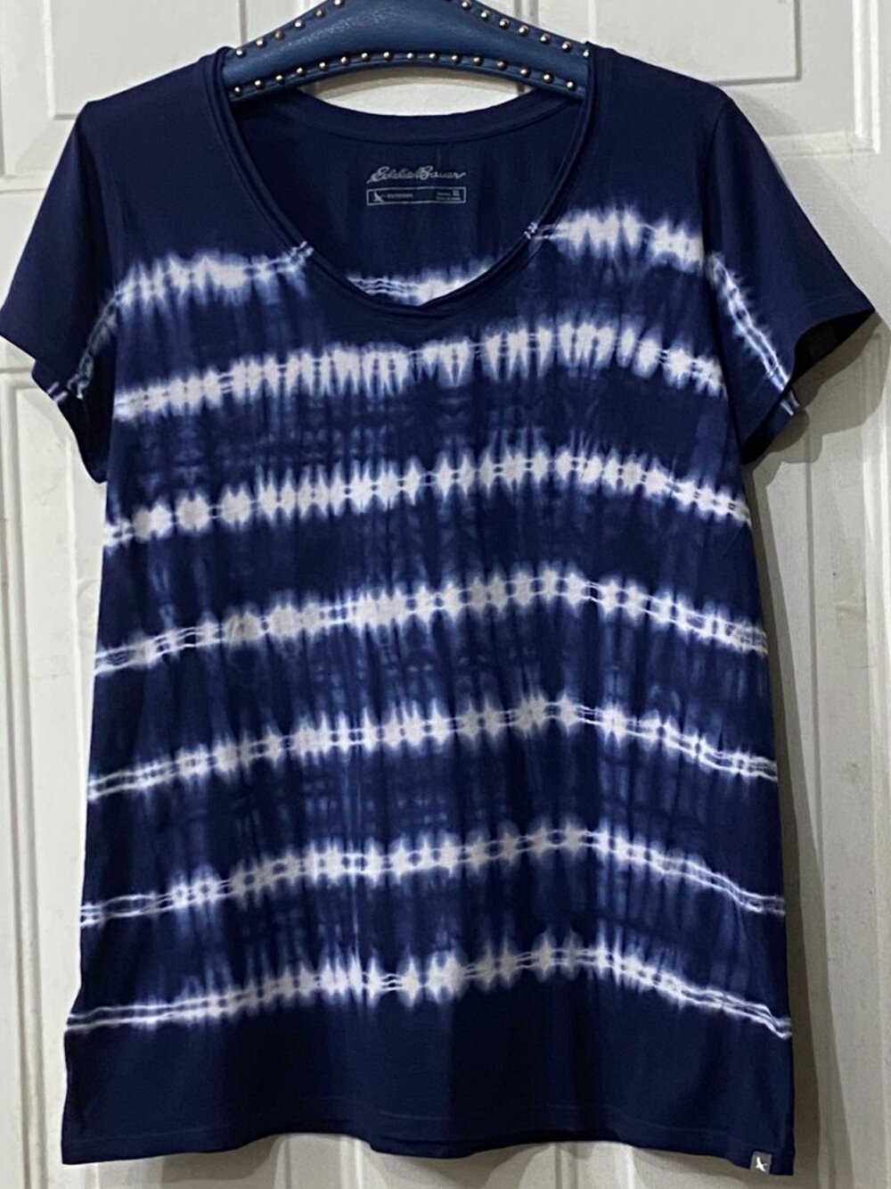 NEW Eddie Bauer Outdoor Womens Sz XL Tee Short Sleeve Navy Blue/White Tie Dye
